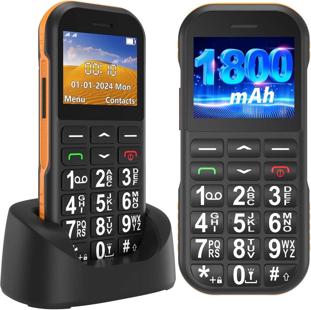 Mobiele basistelefoon met grote toetsen, GSM Dual SIM mobiele telefoon voor senioren en ouderen met batterij 1800 mAh, opladen USB-C, SOS-knop, zwart en oranje