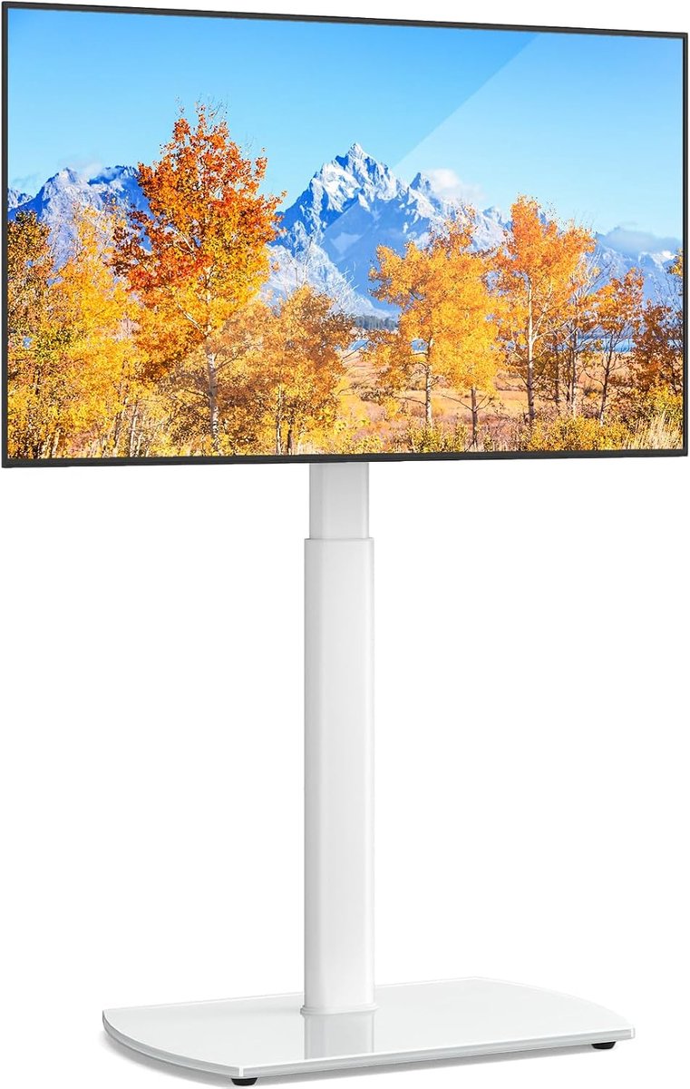 Universele tv-standaard, slanke hoek-tv-vloerstandaard voor tv's van 32-65 inch, in hoogte verstelbare draaibare cantilever hoge tv-standaard met gehard glazen voet Max VESA 400x400 mm tot 35