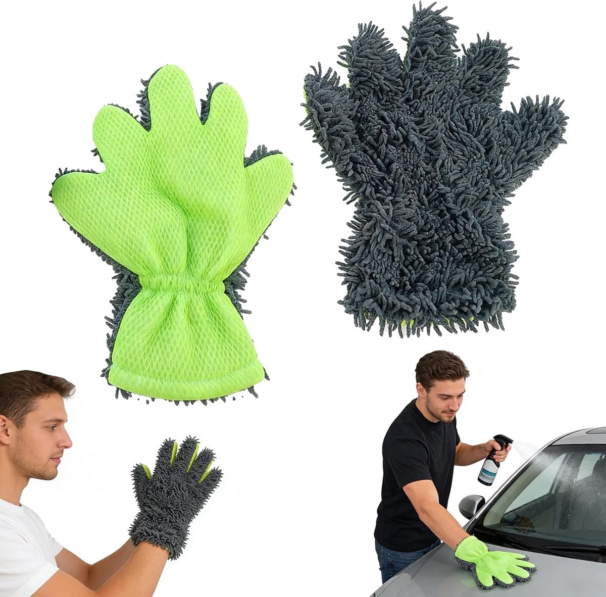 Set van 2 Microvezel Washandschoenen voor Auto & Huis - Super Absorberende Chenille Handschoenen met Elastisch Manchet