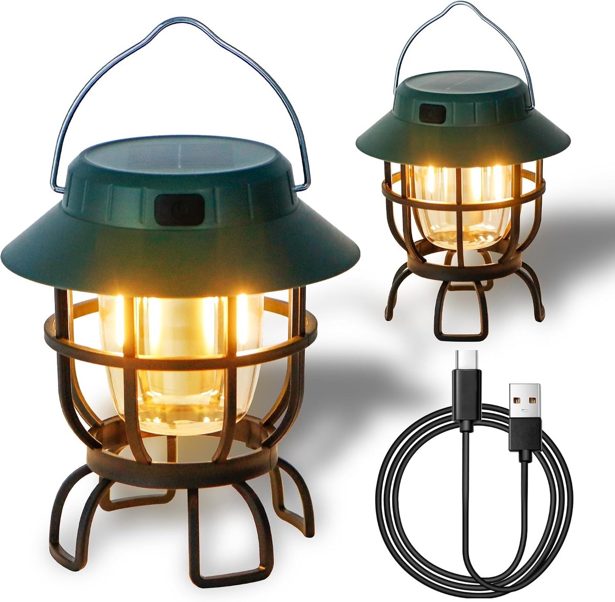 Set van 2 LED Solar Camping Lantaarn Dimbare Oplaadbare Lantaarn IPX3 Waterbestendig Draagbare Noodverlichting Outdoor Camping Verlichting voor Camping Thuis Stroomuitval Orkaan Wandelen
