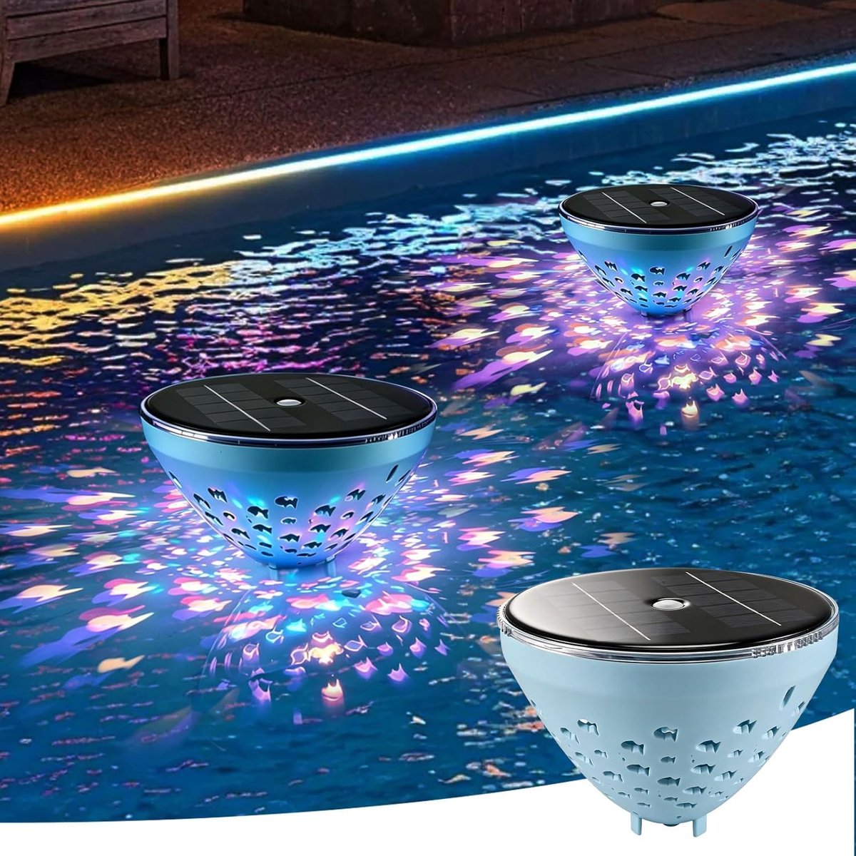 Zonne-verlichting voor zwembad drijvend – RGB kleurveranderende LED met visprojectie – IP68 waterdicht en automatische schemeringdetectie | Zonnelamp voor zwembad in de tuin, vijver en