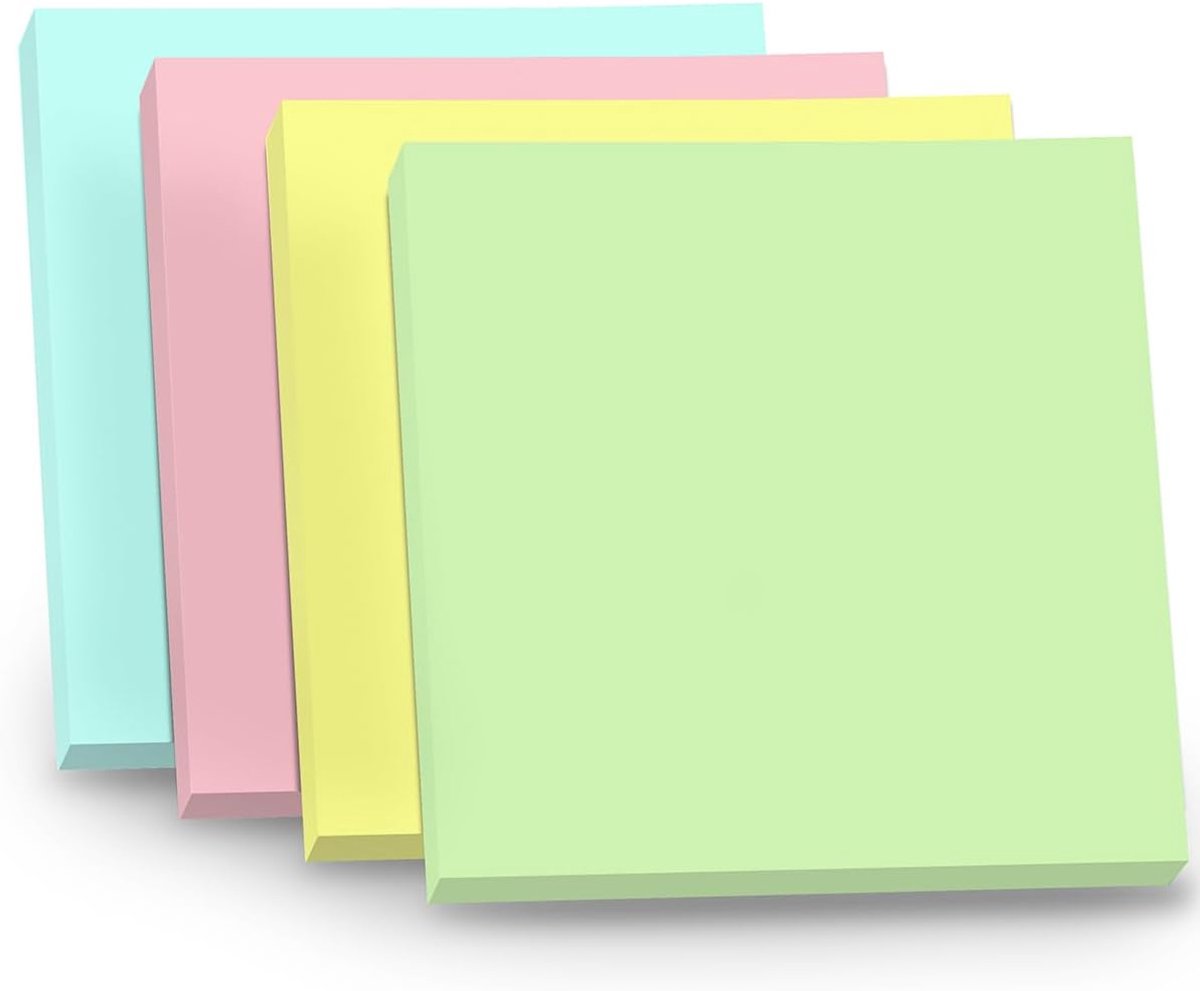 Zelfklevende notities, herbruikbaar, 4 blokken met elk 100 sticky noten, vierkant, 75 x 75 mm, 4 pastelkleuren