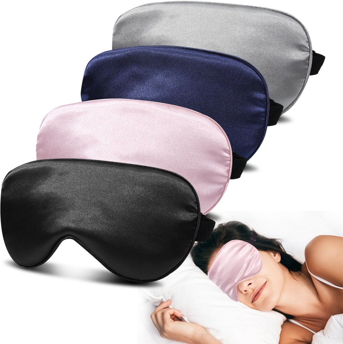 Namajunas - Zijden slaapmasker - Verpakking van 4 stuks - Oogmasker slaap - Moerbei zijden - Reis masker - Verstelbaar blinddoek - Verduisterende - Zijdezacht - Ademend - Voor dames en heren - Comfortabel voor slapen, reizen en dutjes