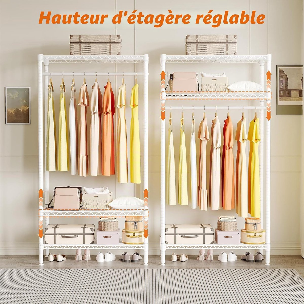 Triumpunpre Kledingrek, kledingkast voor de slaapkamer, kledingrek met 3 planken, stevig metalen frame, maximale belasting 299 kg, 45 x 90 x 174 cm, wit