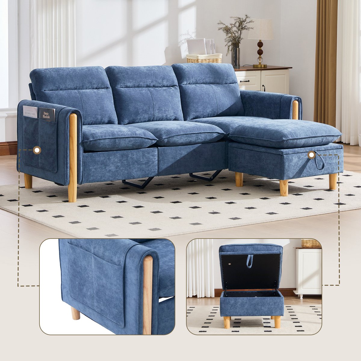 Moderne Hoekbank, L-Bank, 3-Zits bank, Driezitsbank In Scandinavische Stijl Met Opbergpoef, L-Vormige Stoffen Bank Met Zijvakken En Houten Tafelpoten, Ideaal Voor Woonkamers En Kleine Ruimtes-blauw