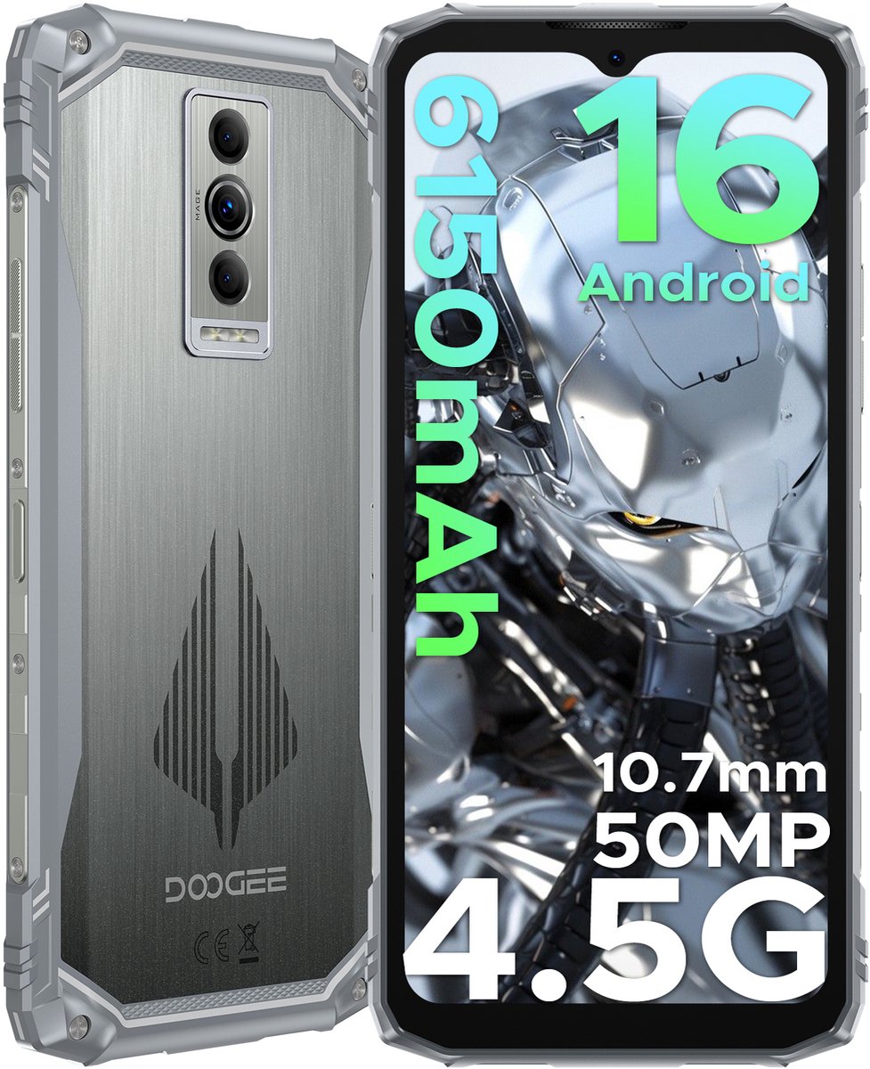 DOOGEE Blade 10 Pro Energy 4.5G - Robuuste Telefoon - Smartphone - Android 16 - 6150mAh/18W - 10.7mm - 50MP Camera - Gemini AI - UNISOC T7250 - 12 GB RAM+128 ROM（2TB/TF) - 6,56-inch HD+ 90Hz - Widevine L1 - Face ID - NFC - Drie sleuven - Zilver