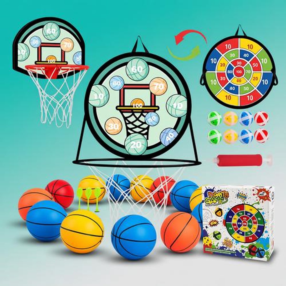 Green Basketbalmand voor kinderen, met kleverige ballen en mini-basketbalspeelgoed, dubbelzijdig veiligheidssportspel voor binnen en buiten