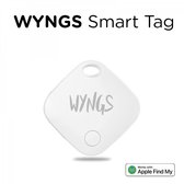 Witte WYNGS Smart Tag met 'WYNGS' logo en een cirkelvormige knop. Werkt met Apple Find My.