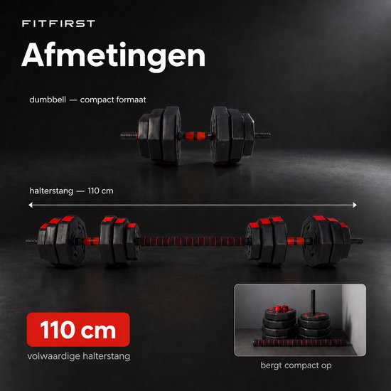Zwarte halterstang met rode accenten, 110 cm lang, met verstelbare gewichten aan beide zijden.