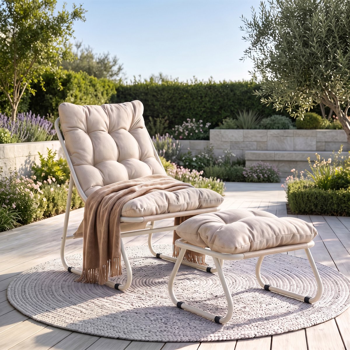 Intebiki loungestoel met poef 65 x 78 x 86 cm - terrasstoelen - ergonomische tuinstoelen - Met Voetenbank En Dikke Kussens - Geschikt voor woonkamer, slaapkamer of kantoor - Grijs