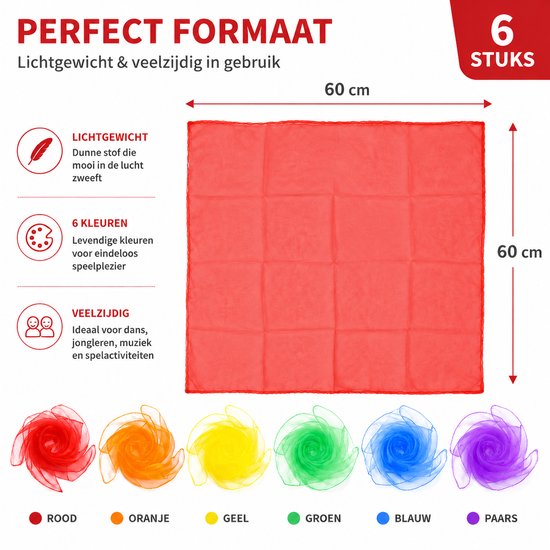 Een platte, effen rode sjaal van 60x60 cm, omringd door andere gekleurde sjaals in een cirkel. Kenmerken: lichtgewicht, 6 kleuren, veelzijdig.
