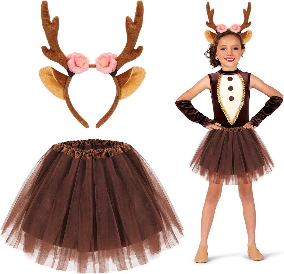 Kostuum rendier/eenhoorn/zeemeermin meisjes, haarband en tutu, rok bruin/roze/paars, dierenjurk voor meisjes voor Kerstmis, carnaval, Halloween, verjaardagsfeesten
