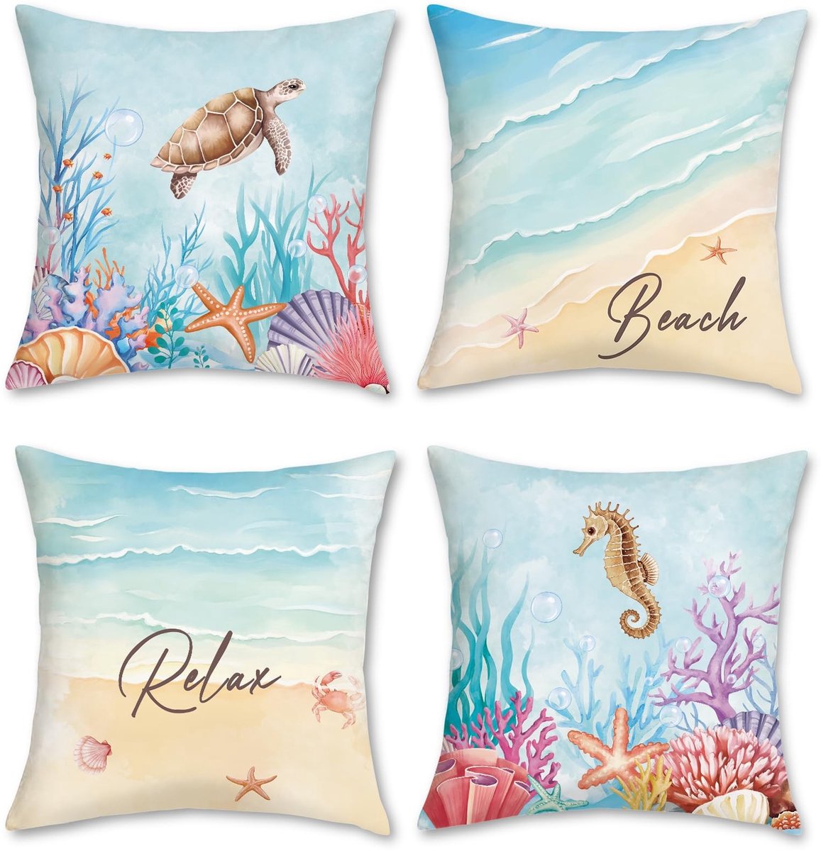 Omgoods - Set van 4 Zeethema Kussenhoezen - Decoratieve Kussens voor Sofa en Bed
