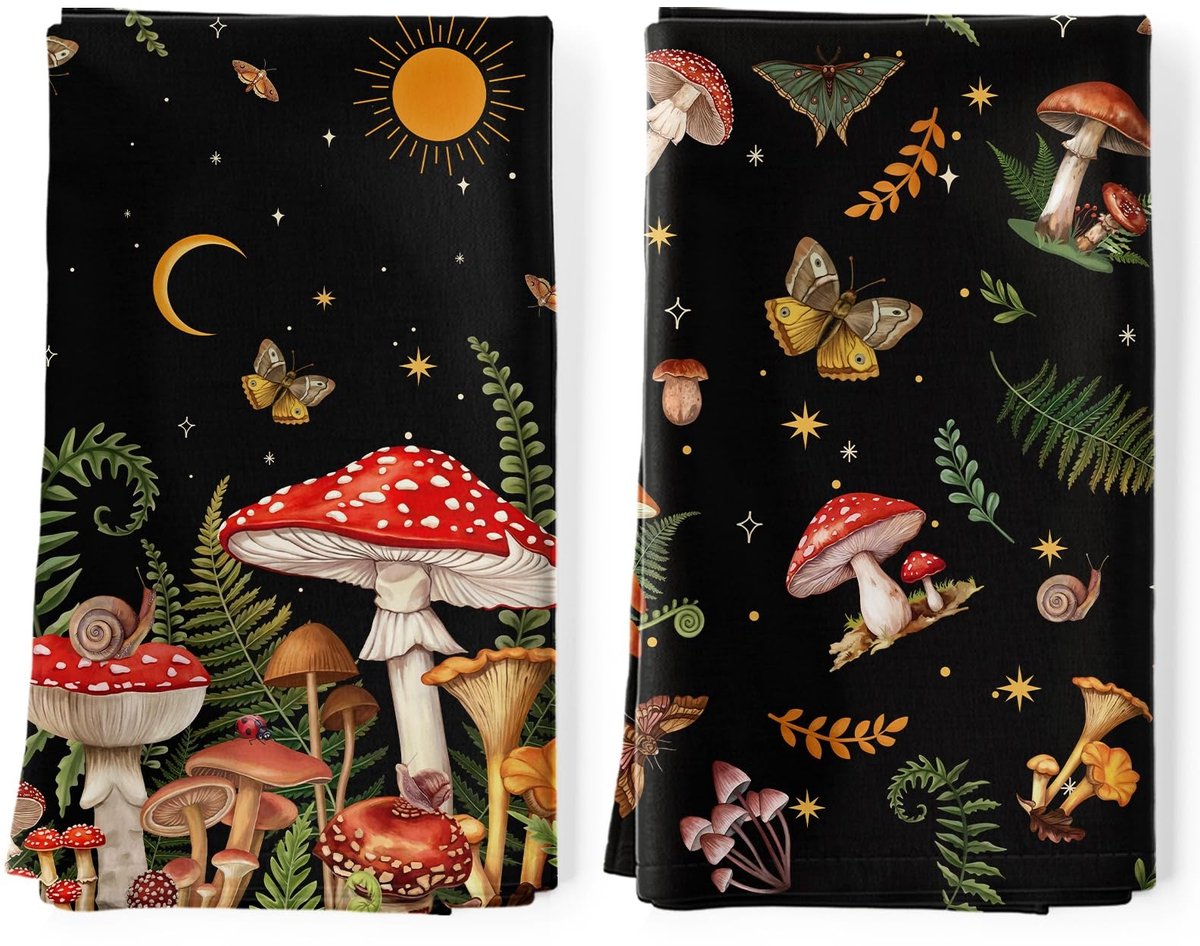 Omgoods - Set van 2 Keukenhanddoeken met Paddenstoelen en Vlinders - 100% Katoen, Absorberend