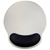 Witte, ronde muismat met een zwarte, gebogen polssteun aan de onderkant.