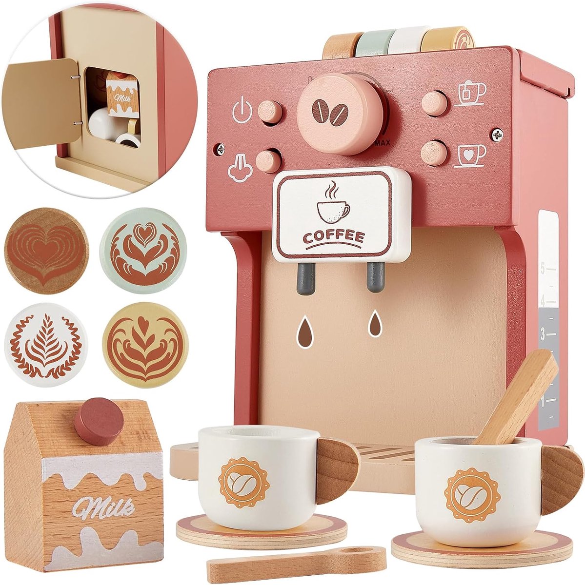 Speelgoed Koffiezetapparaat voor Kinderen, Houten Koffie Speelset Doe-Het-Zelf Keuken Accessoires Cadeau voor Leeftijden 3 4 5 Jaar Oude Kinderen Peuters Jongens Meisjes