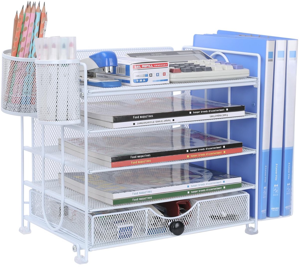 Omgoods - Mesh Desk Organizer met 5 Laags Letterbak en Lades - Ideaal voor Documenten en Kantoorbenodigdheden (Wit)