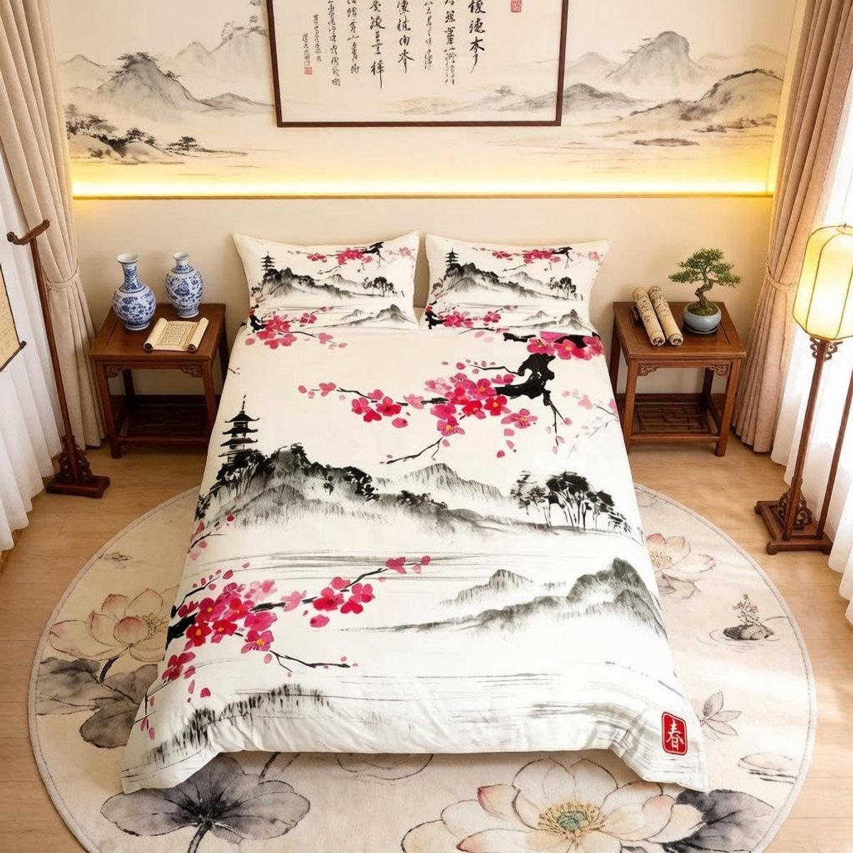 Omgoods - Japanse Stijl Duvet Cover Set met Kersenbloesem voor Vrouwen
