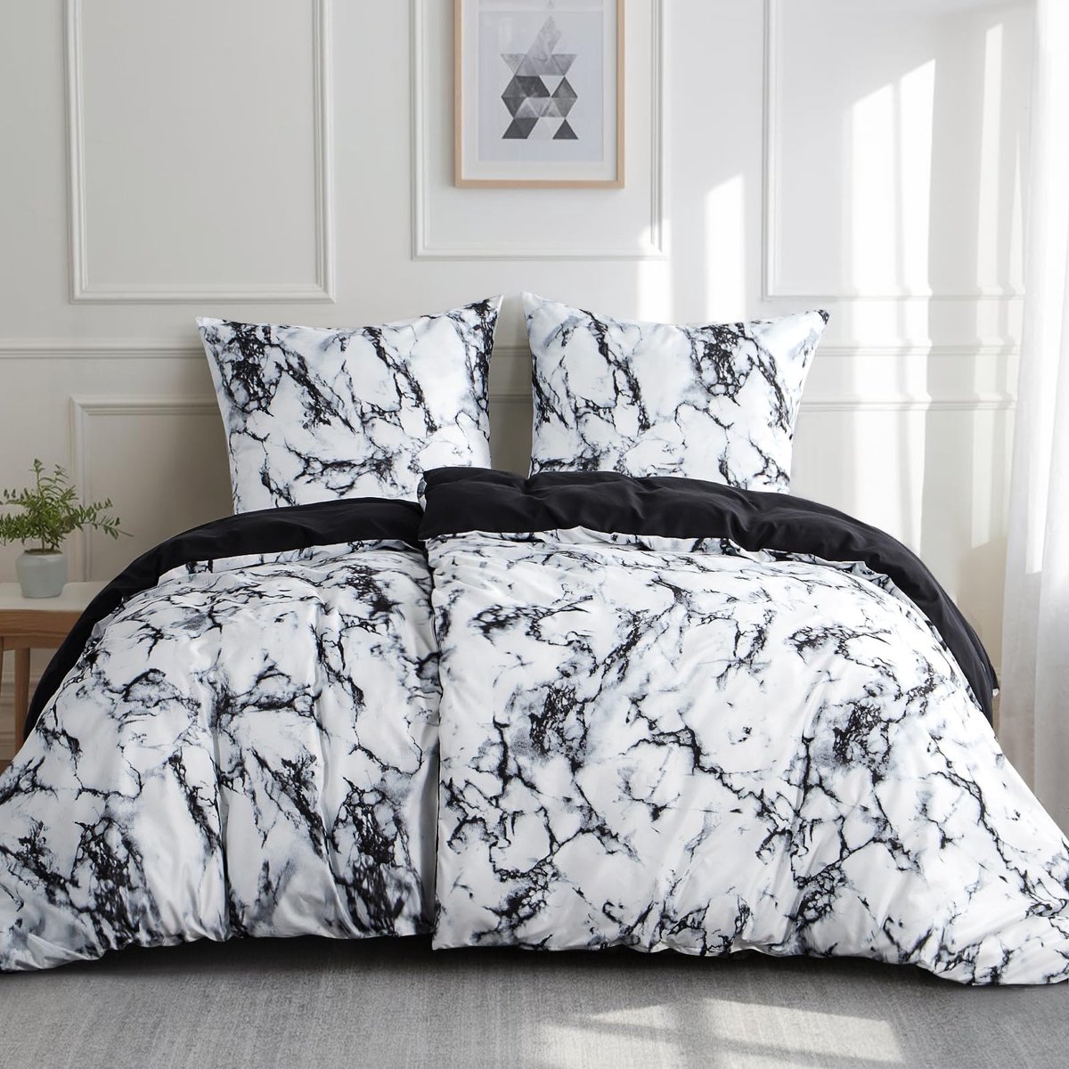 Omgoods - Marmer Zwart Beddenset 135 x 200 cm, 4-Delig met 2 Kussenslopen