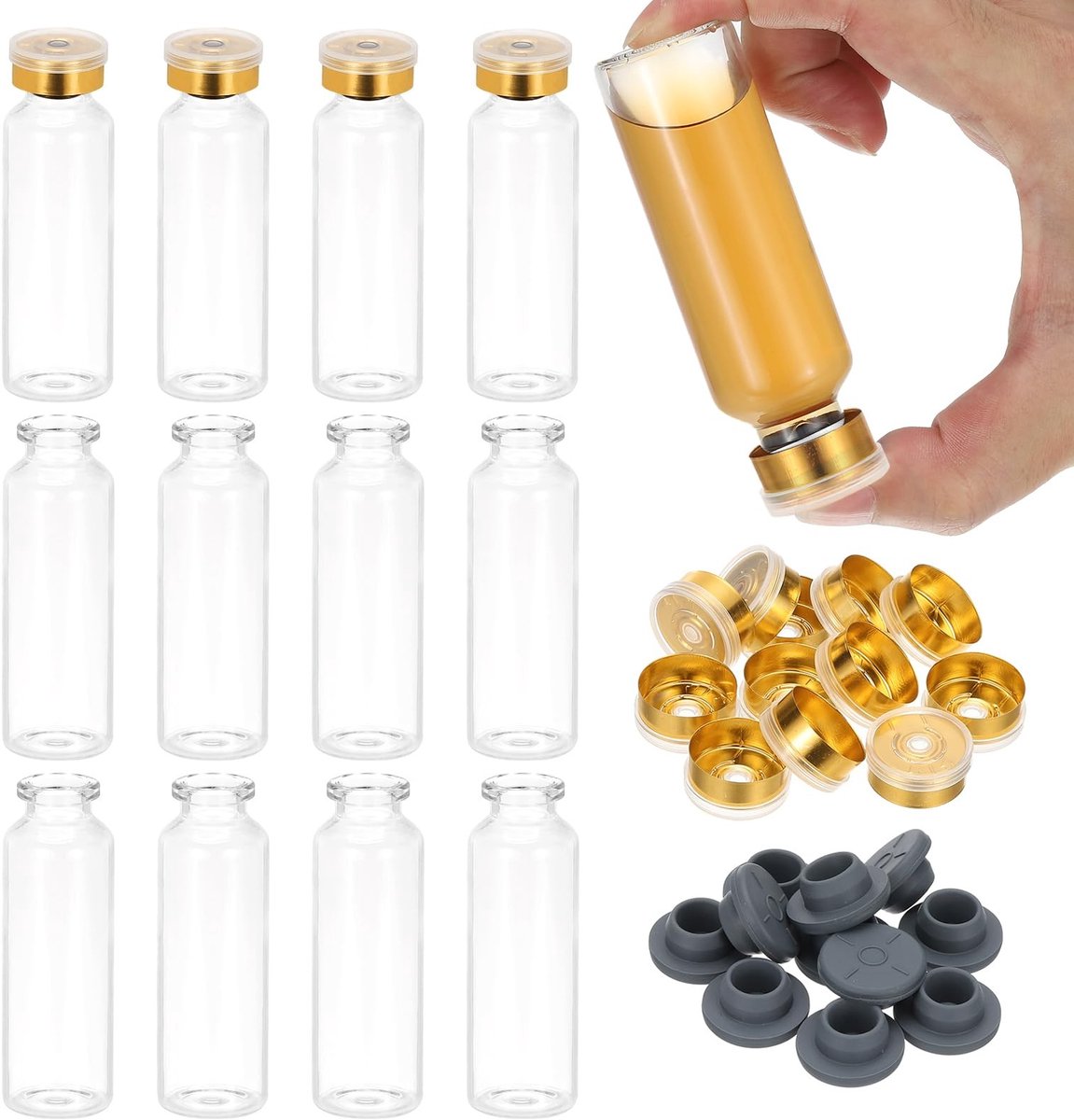 Omgoods - 12 Stuks Transparante Glazen Flessen van 30ml met Aluminium en Plastic Doppen - Borosilicaat Flessen