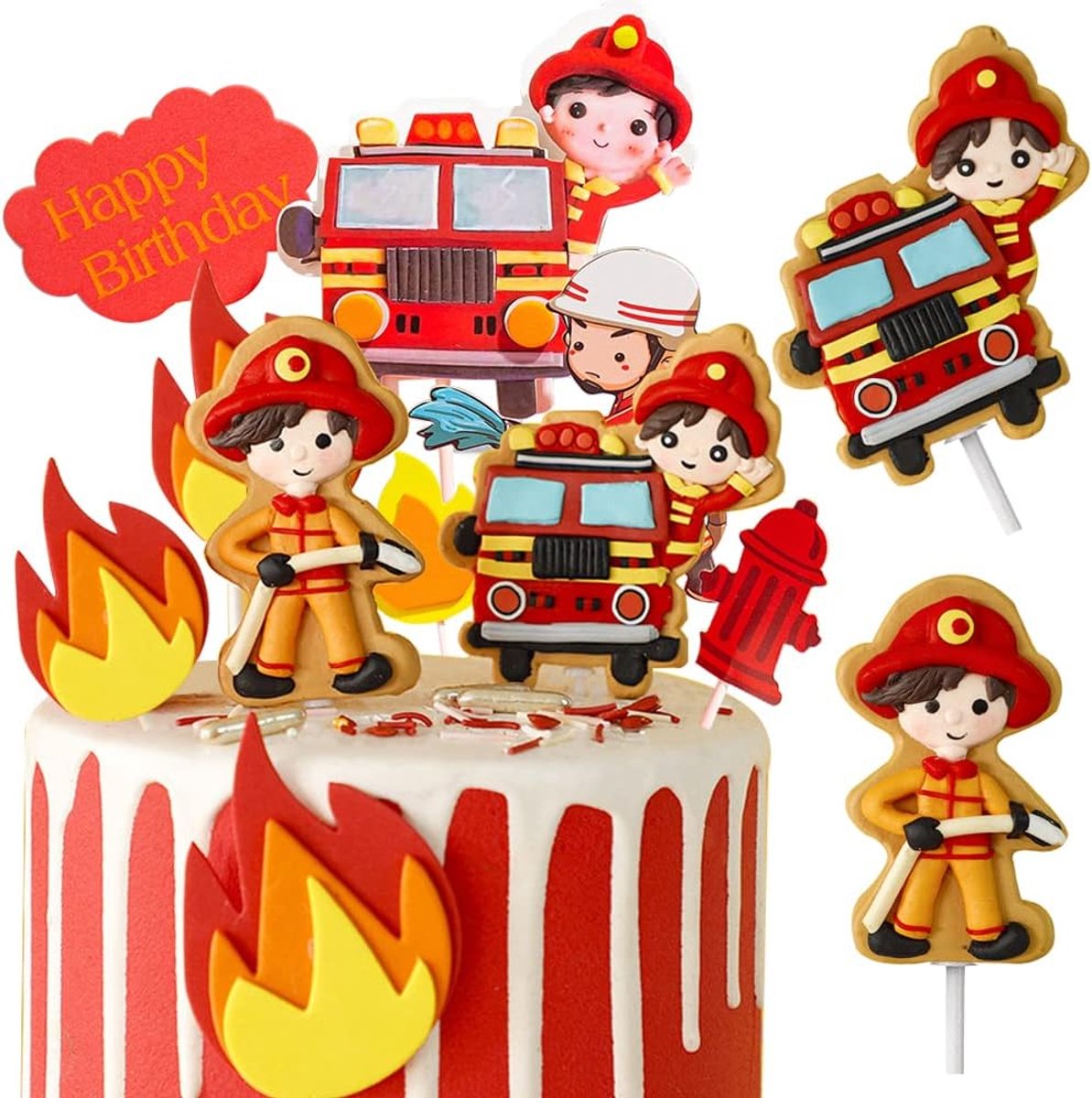 taartdecoratie verjaardag taart decoratie figuren brandweerauto cake topper Happy Birthday kinderverjaardag taart decoratie verjaardagsdecoratie taartdecoratie brandweerman