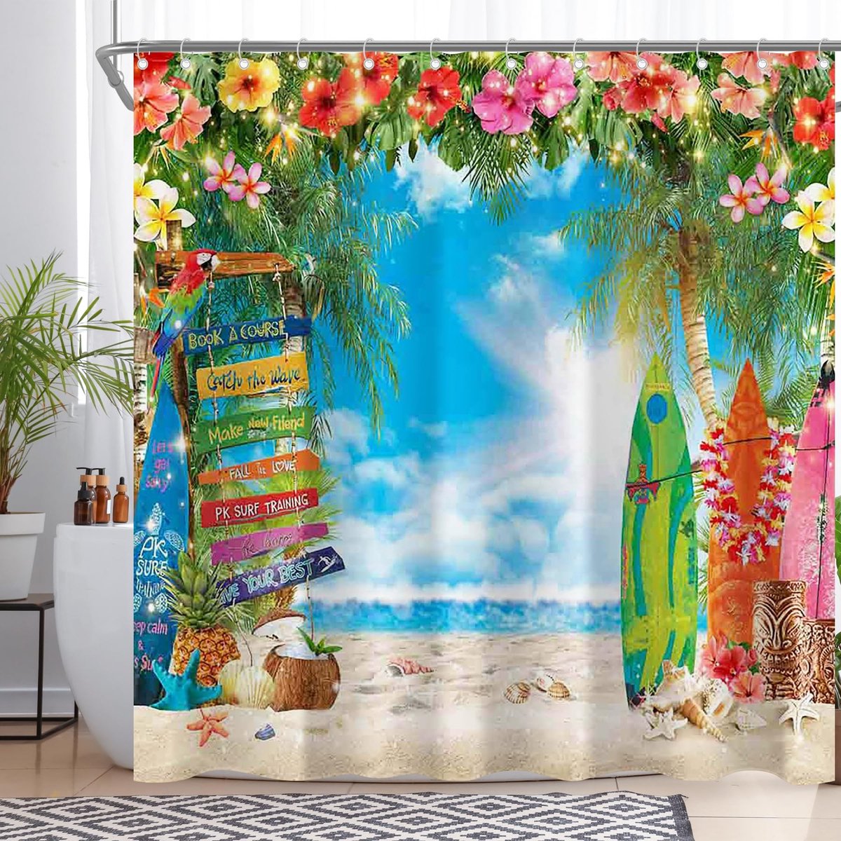 Omgoods - Hawaii Strand Douchegordijn 180 x 180 cm met Tropische Bloemen