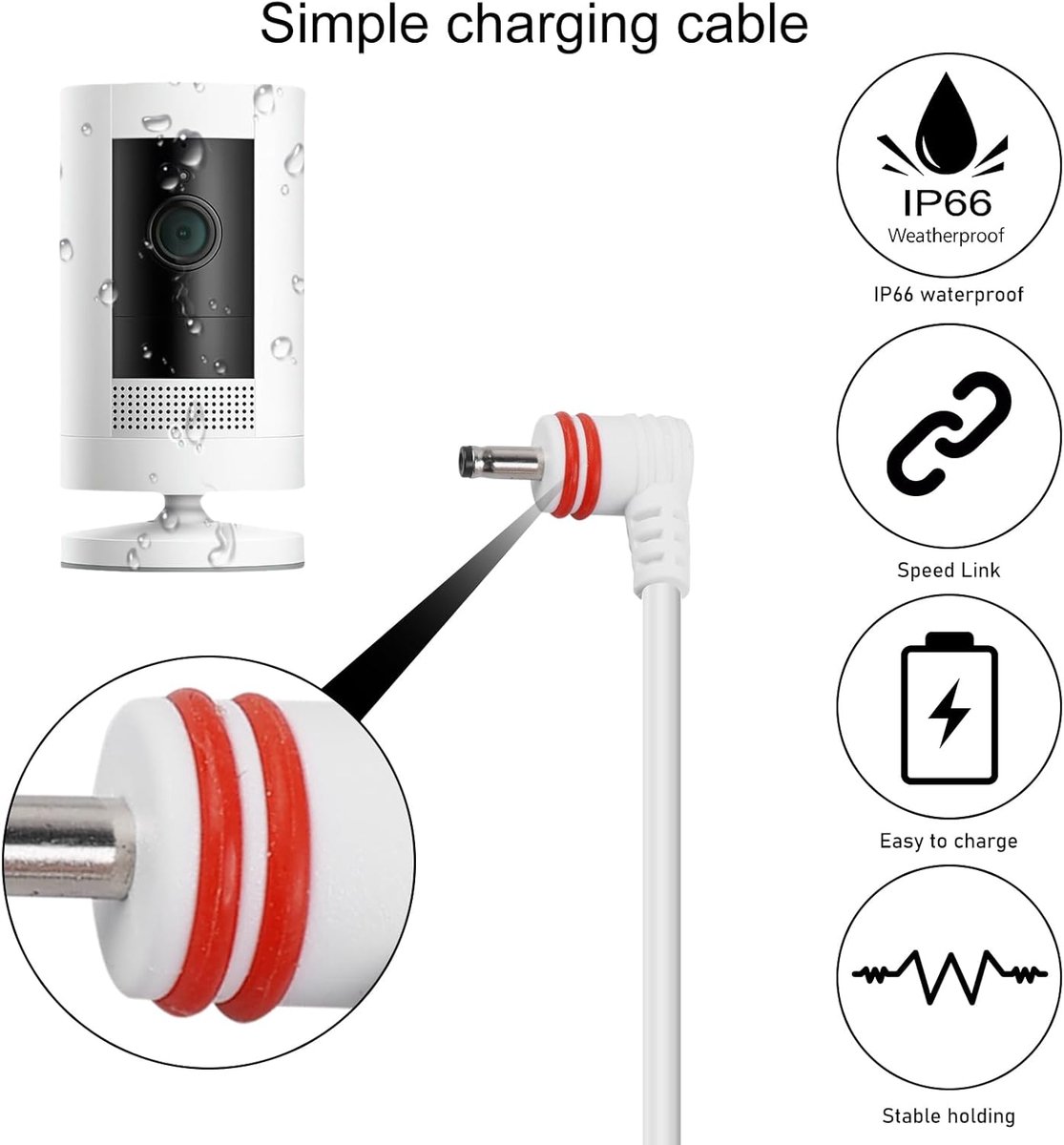 7,6 m stroomkabel en adapter, power adapter voor Arlo Pro Pro2, compatibel met Ring Spotlight Cam, verlengkabel, weerbestendige stekker en USB-C-oplaadkabel, witte oplaadkabel voor ring