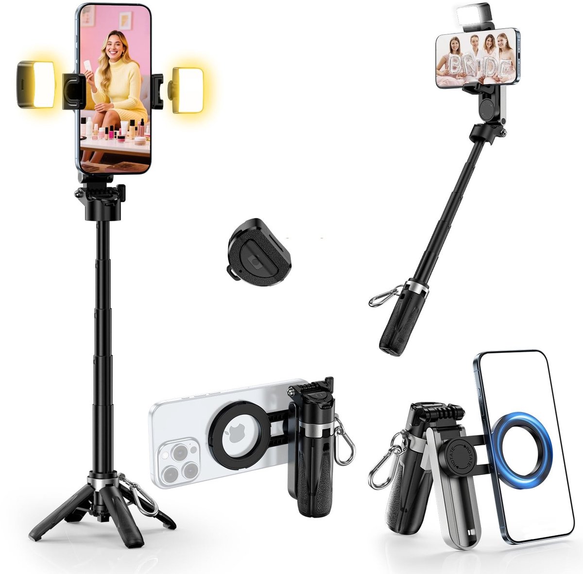 Omgoods - Mini Selfie Tripod met 2 Vullichten - 3-in-1 Pocket Statief