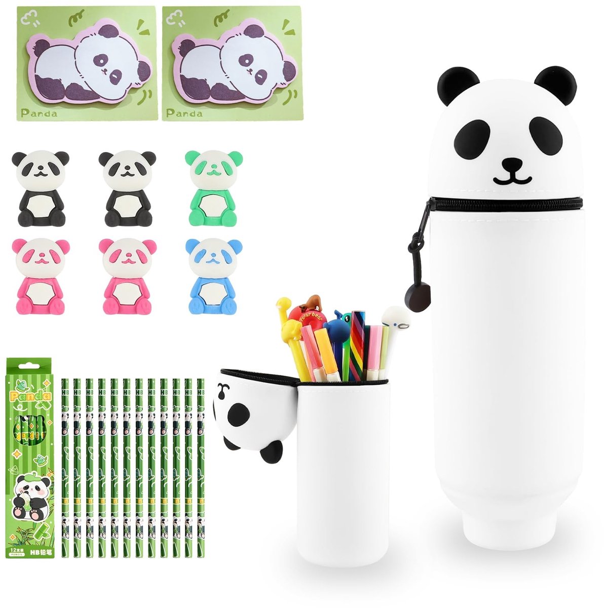 Omgoods - Kawaii Panda Pen Case - 2-in-1 Siliconen Potloodhouder met Schoolbenodigdheden