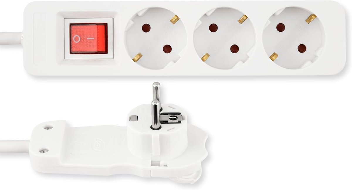 Stekkerdoos SMART - meervoudige stekkerdoos 3-voudig met platte stekker & verlichte schakelaar om energie te besparen, kabel 2m, max. 3680W, wit