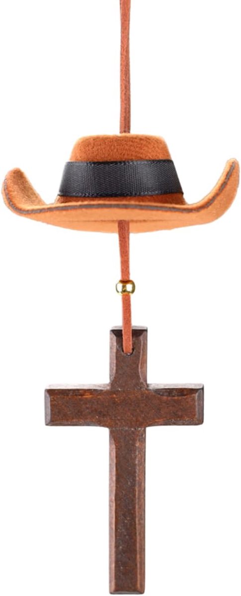 Cowboyhoed auto bedel met kruis, westerse achteruitkijkspiegel decor voor land cowgirl opknoping ornament hanger schattig handgemaakt vilt auto-interieur accessoires, (bruin)