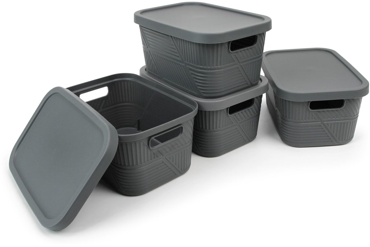 Omgoods - 4 Stuks Opbergdoos met Deksel - 3.5L Stapelbare Plastic Opbergmanden