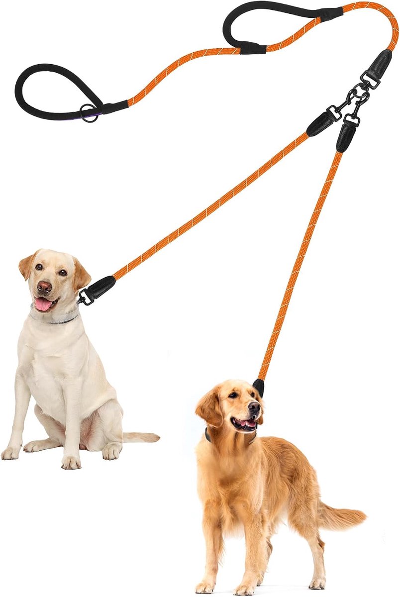 Dubbele hondenriem, geen wirwar dubbele riem, reflecterende wandeltraining lijn met twee comfortabele gewatteerde handgrepen, loodkoppeling voor middelgrote en grote honden