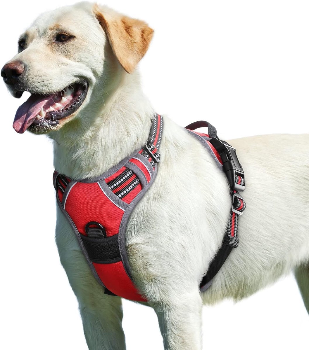 Hondentuig No Pull, Hondenharnas voor Grote Honden, Verstelbare Harnas Hond met Reflecterend Strepen, Gewatteerd Zacht Ademend, Hondentuigje Anti-trek voor Wandelen Training, Rood L