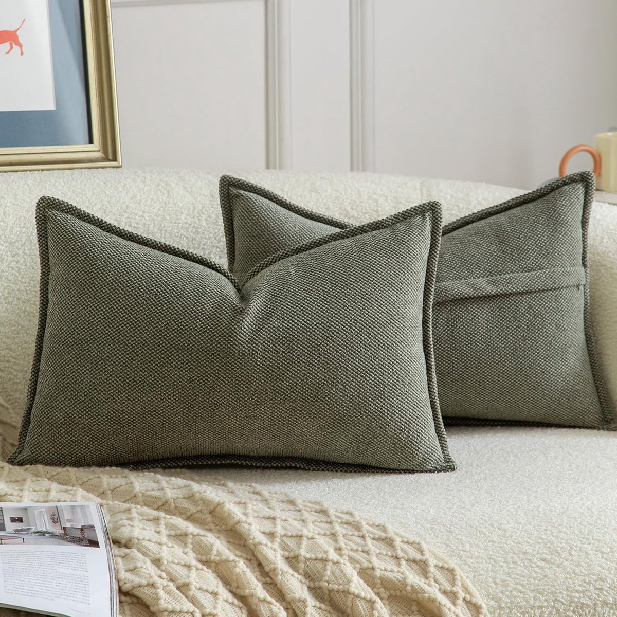 Omgoods - Chenille Fringe Kussenhoezen Set van 2 - Zachte Decoratieve Kussens 40x80 cm Olijfgroen