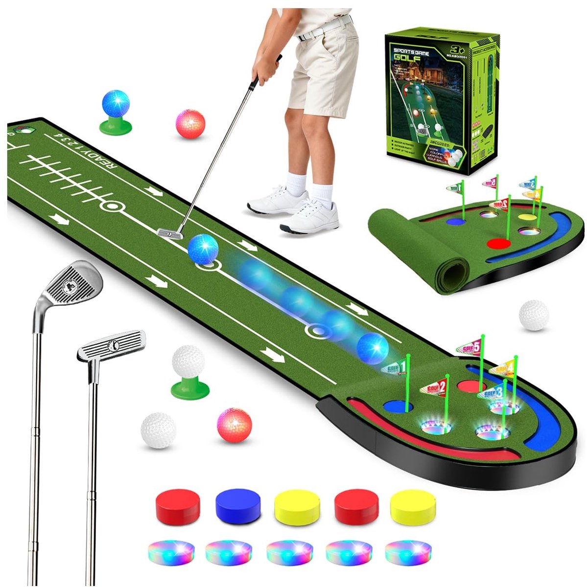 Omgoods - Golf Putting Mat - Indoor Golf Set met LED Ballen en Glanzende Cups