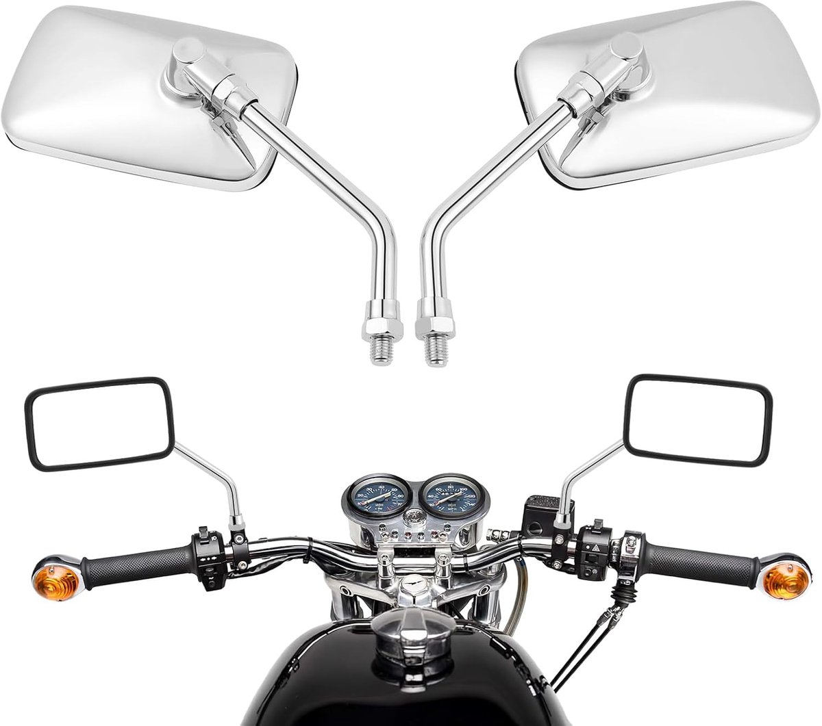 M10 Motorfietsspiegel met verpakking en schroef, chroom rechthoekige moto-achteruitkijkspiegel voor Bobber ATV Street Bike Cruiser Chopper