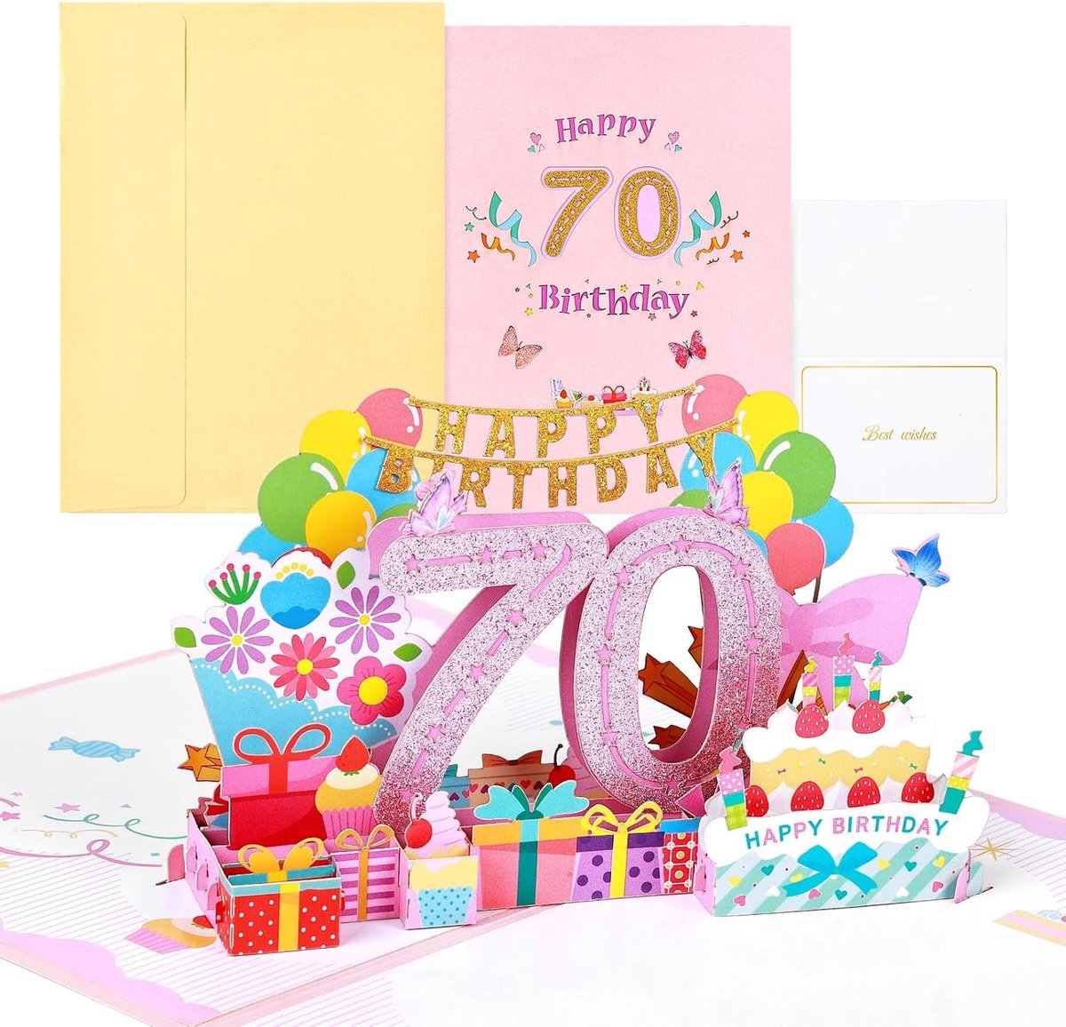 70-jarige verjaardagskaart, pop-up wenskaarten, 3D pop-up kaart, verjaardagskaarten met envelop voor vrouwen, moeders, meisjes, vrienden, romantische cadeaukaart