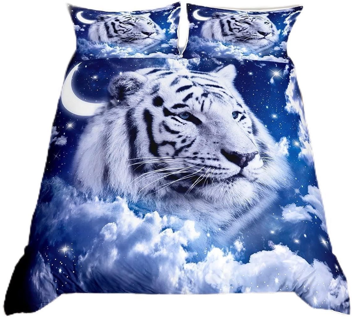 Omgoods - Galaxy Beddegoed Set met Witte Tijger - Super King Size Duvet Cover met Sterren en Maan Print