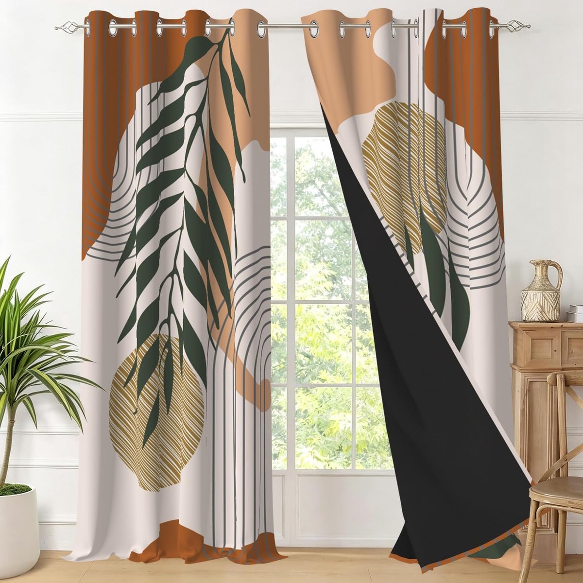 Omgoods - Verduisteringsgordijnen met Abstracte Terracotta en Groene Bladeren