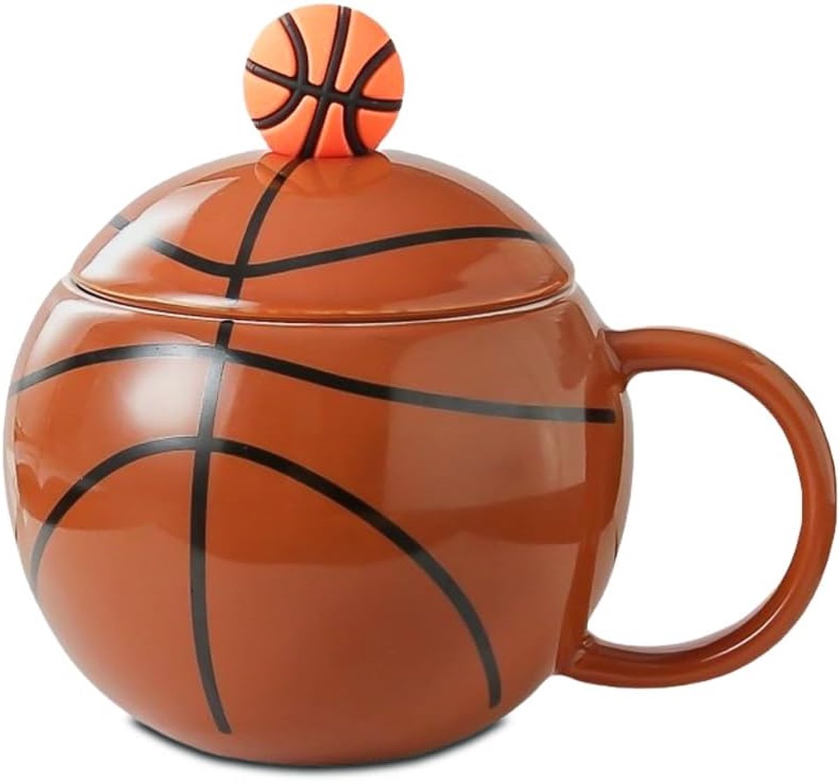 Basketbalmok, grappige basketbalbeker, creatieve bolvormige keramische beker met deksel en lepel, voor koffie, melk, creativiteit, basketbalgeschenken voor jongens, meisjes, mannen vrouwen