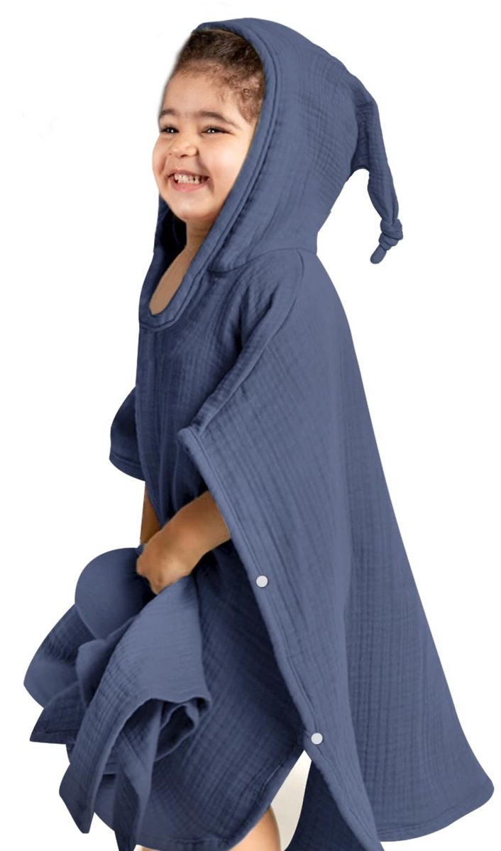 Omgoods - Kinderen Bad Poncho met Kap - 100% Muslin Katoen, 60 x 60 cm, Blauw