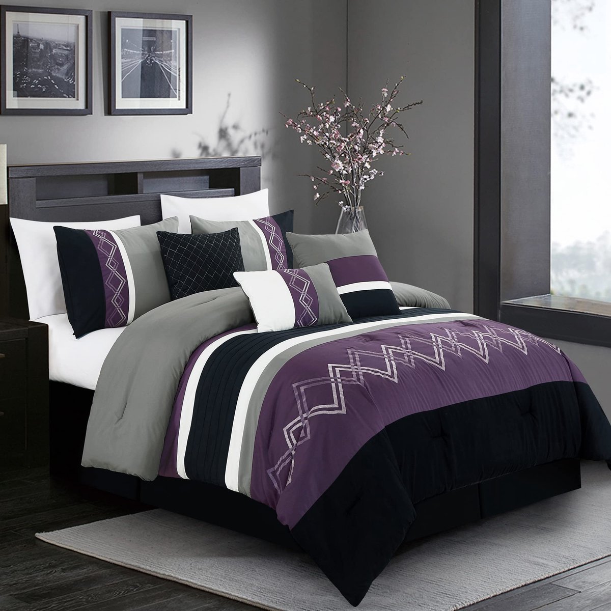 Omgoods - Arden 7-delige Modern Gestreepte Dekbedovertrekset - Koningsgrootte, Paars/Zwart/Grijs/Wit