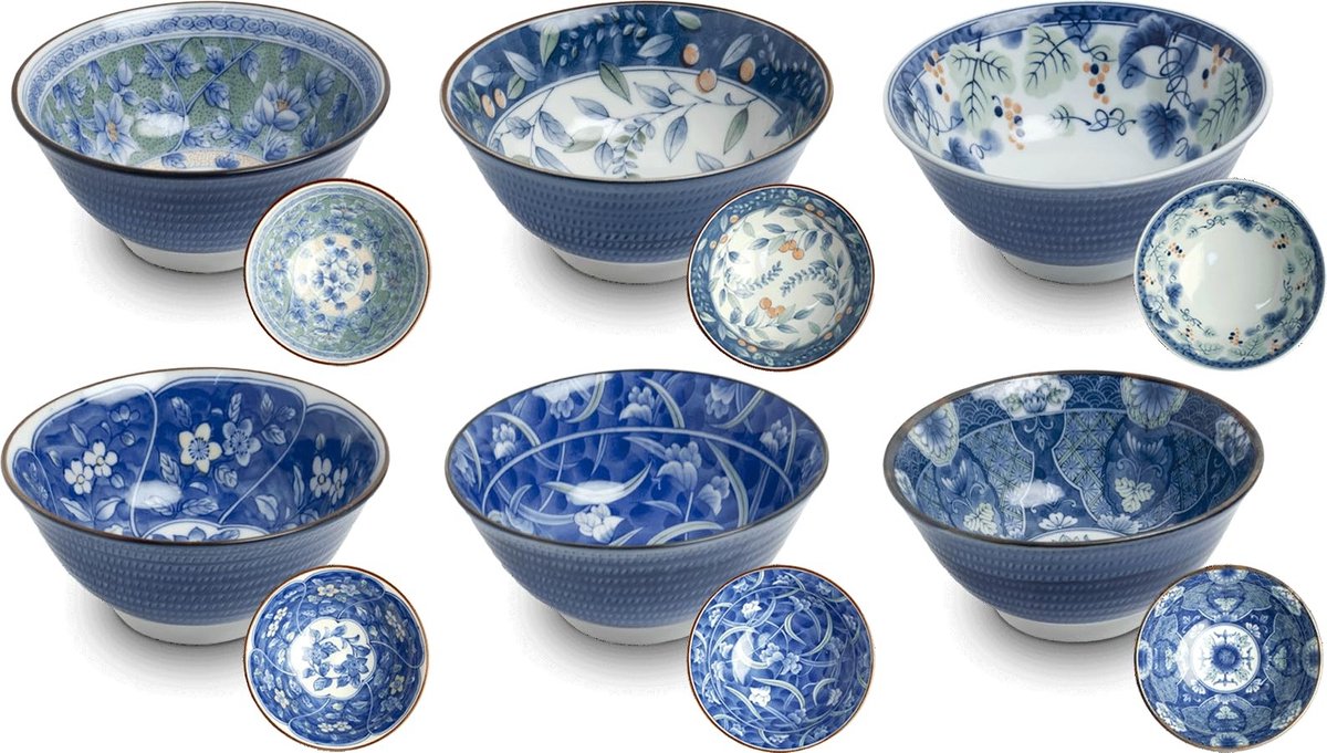 Omgoods - Japanse Ramen Kom Set van 6 - Porseleinen Mengkommen met Bloemdesign