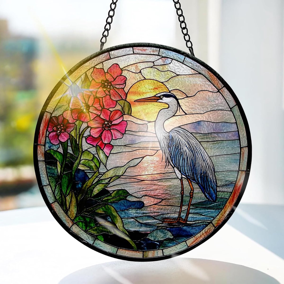 Reiger Gekleurd Glas Hangend - Bloem Hangende Raamdecoratie - voor Tuin, Raam en Deur, Verjaardag voor Vrouwen, Handgemaakte Suncatcher Decoratie 20x20 cm