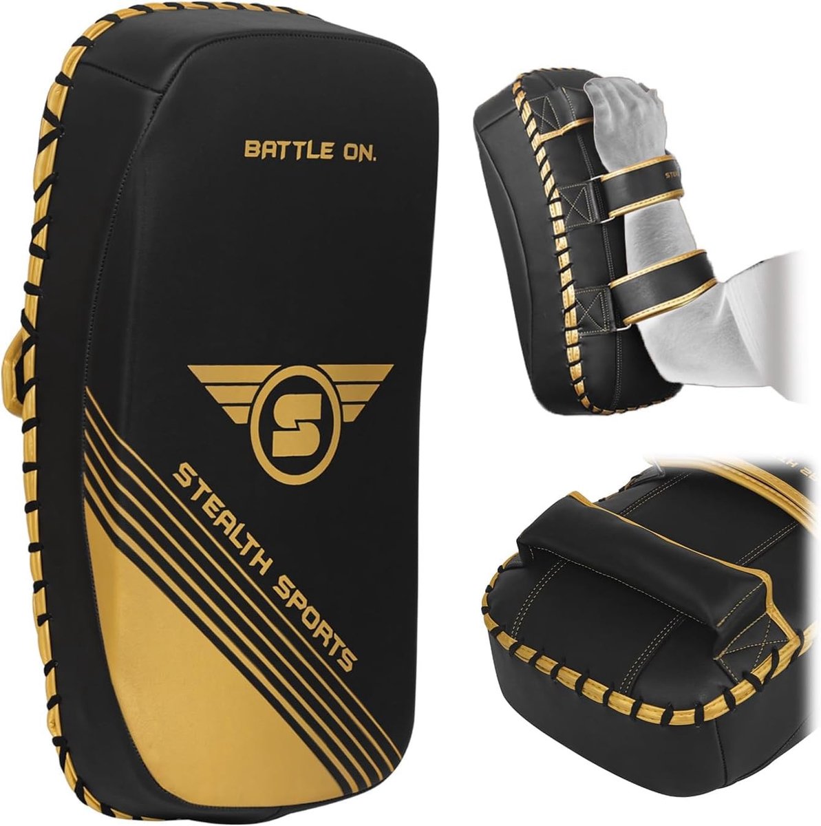 Omgoods - Stealth Sports Muay Thai Pad Curved - Kick Shield - Zwart/Goud