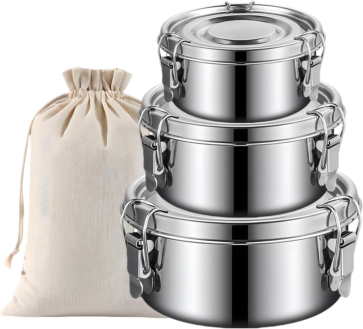 Lunchbox van roestvrij staal, 3-delig, lunchbox van roestvrij staal, 500/1000/1500 ml, lunchbox, voorraaddozen met opbergtas voor kantoor, picknick en thuis