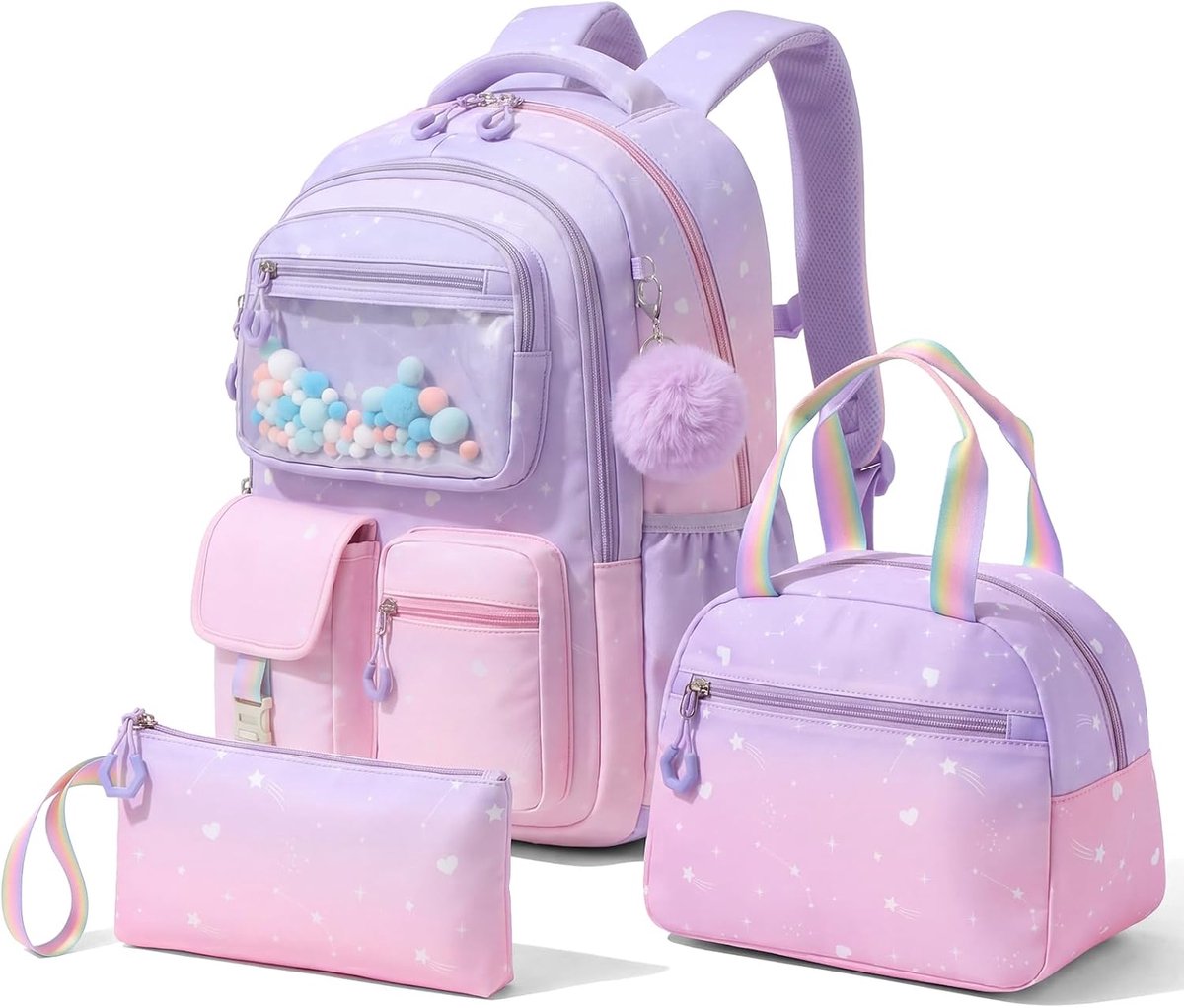 3-delige set schoolrugzak voor meisjes 1-5e klas, met lunchtas & etui, ergonomisch licht 21L reflecterend, rugzakken basisschool waterdicht met borstband & hanger, roze-violet