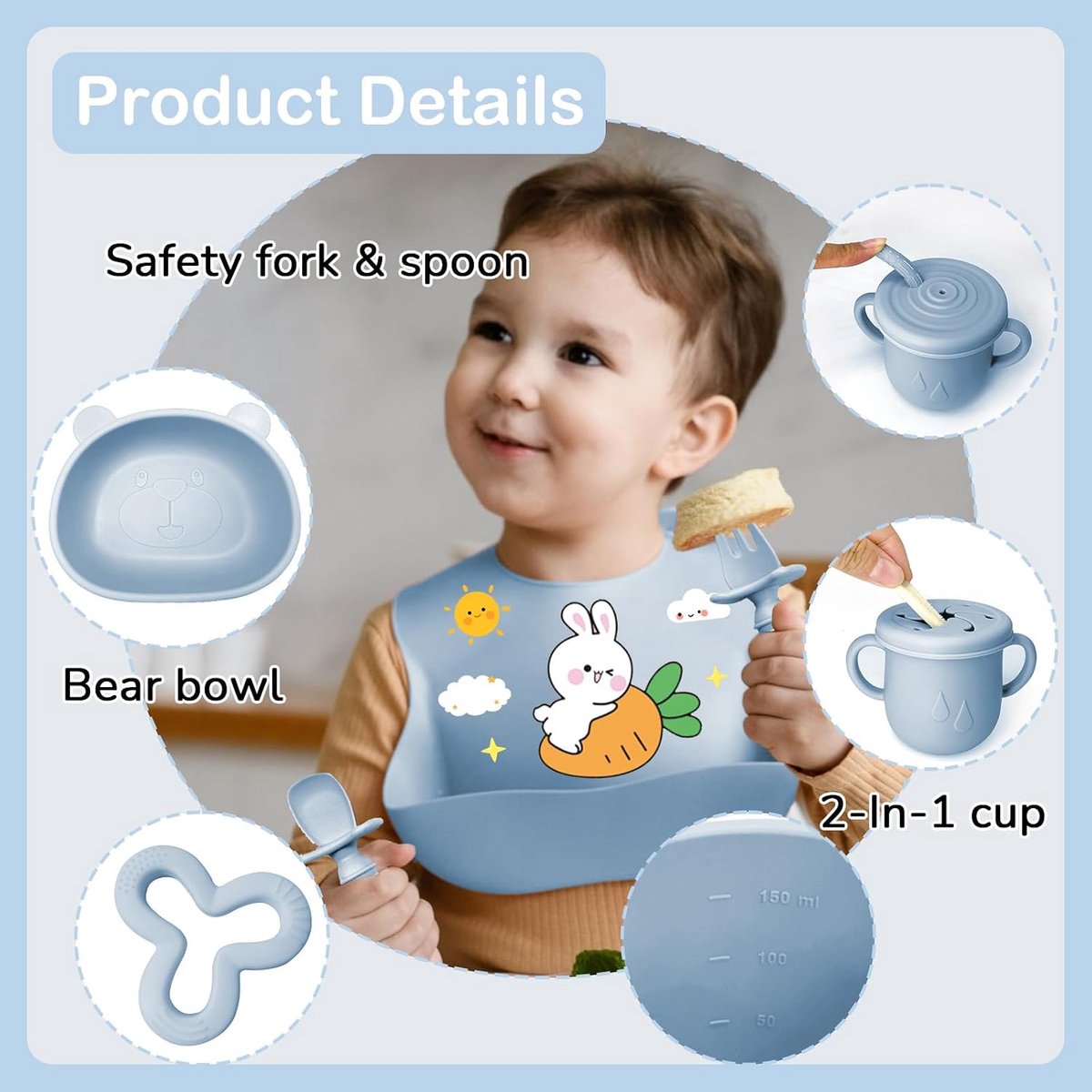 Lunchset voor baby's, 11-delig, antislip, set van siliconen met zuignap, bord, kom, vork, lepel, slabbetje en beker, kinderbestekset, servies voor spenen en eten (blauw)