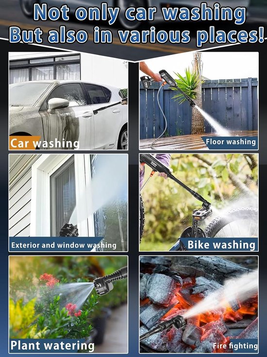 Draadloze Hogedrukreiniger 21V met 2 Accu’s - 1200 PSI Accu Hogedrukspuit met 6-in-1 Sproeikop, Schuimkanon en 5 Meter Slang - Draagbaar voor Auto, Fiets, Terras en Tuin — afbeelding 5